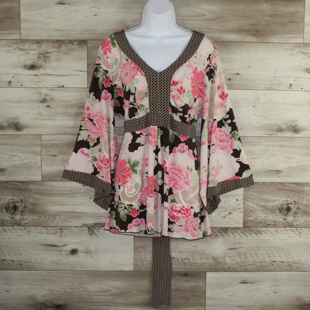ING* Women's Oversized Split Sleeves V-Neck Tie Back Curved Hem Floral Blouse~3X